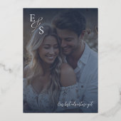 Bloemen Marine Blauw en Blush Roze Fotobruiloft Folie Uitnodiging (Achterkant)