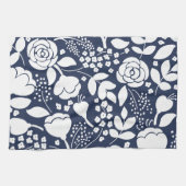 Bloemen marine blauw en witte keukenhanddoek (Horizontaal)