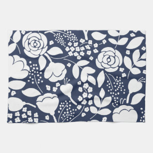 Bloemen marine blauw en witte keukenhanddoek