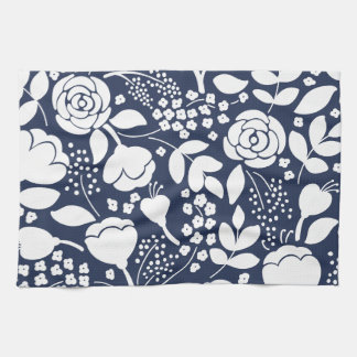 Bloemen marine blauw en witte keukenhanddoek