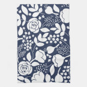 Bloemen marine blauw en witte keukenhanddoek (Verticaal)
