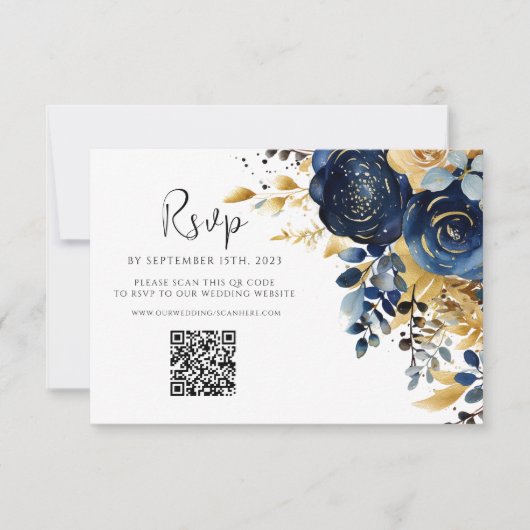 Bloemen Marine Blauw Goud QR Code Bruiloft RSVP Kaartje (Voorkant)