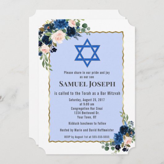 Bloemen Marine Blauw Gouden Ster van David Bar Mit Kaart (Voorkant / Achterkant)