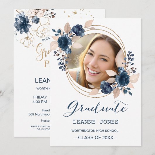 Bloemen marine blauw Graduation Party Foto Kaart (Voorkant / Achterkant)