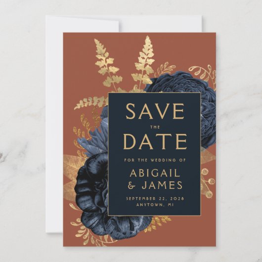 Bloemen Marine Blauw Rust Goud Bruiloft Save the D Kaart (Voorkant)