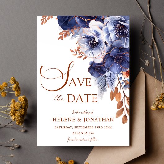 Bloemen Marine Blauw Terracotta Boho Elegant Huwel Save The Date