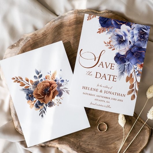Bloemen Marine Blauw Terracotta Boho Elegant Huwel Save The Date
