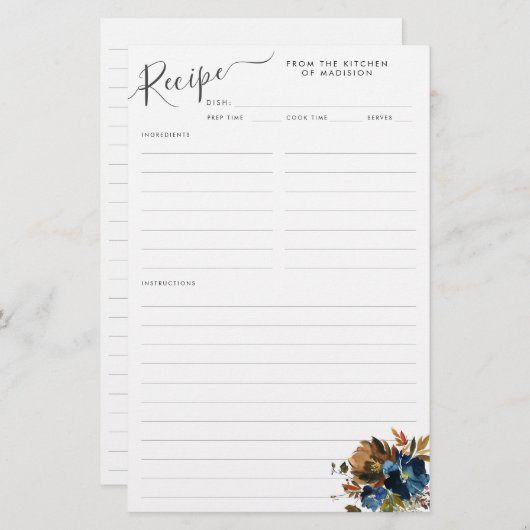 Bloemen Marine Blauw Terracotta Bruin Receptenblad (Voorkant / Achterkant)