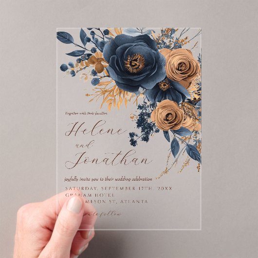 Bloemen Marine Blauw Terracotta Roest Elegante Huw Acryl Uitnodigingen (Insitu (Draagbaar))