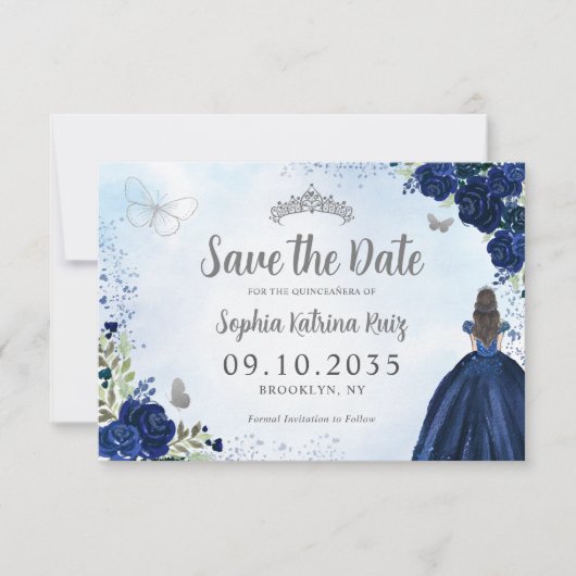 Bloemen Marine Blauw Zilver Prinses Tiara Quincean Save The Date (Voorkant)