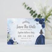 Bloemen Marine Blauw Zilver Prinses Tiara Quincean Save The Date (Staand voorkant)