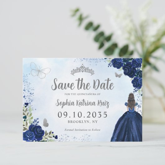 Bloemen Marine Blauw Zilver Prinses Tiara Quincean Save The Date (Staand voorkant)