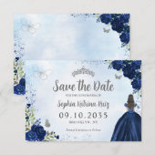 Bloemen Marine Blauw Zilver Prinses Tiara Quincean Save The Date (Voorkant / Achterkant)