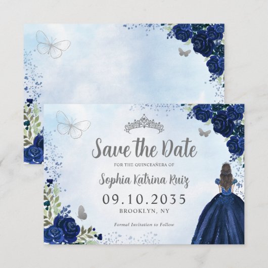 Bloemen Marine Blauw Zilver Prinses Tiara Quincean Save The Date (Voorkant / Achterkant)