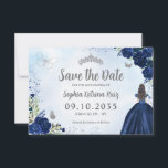 Bloemen Marine Blauw Zilver Prinses Tiara Quincean Save The Date<br><div class="desc">Bloemen Navy Blue Zilver Grijs Prinses Jurk Glitter Sparkle Tiara Kroon Vlinder 15e Verjaardag Quinceanera Save the Date</div>