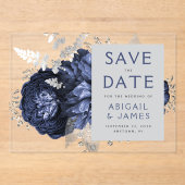 Bloemen Marine Blauw Zilveren Huwelijk Save the Da Acryl Uitnodigingen (Voorkant)