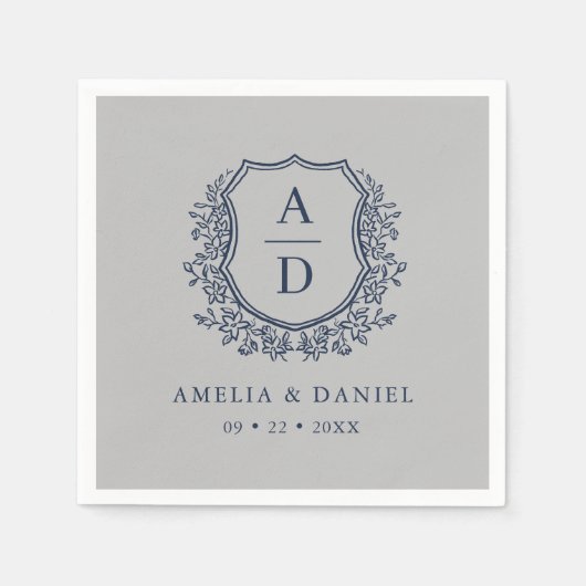 Bloemen Marine Blauw Zilveren Kreeft Trouwmonogram Servet (Voorkant)