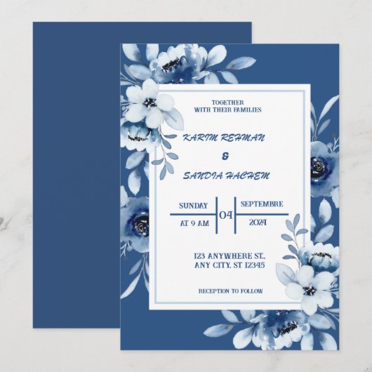 Bloemen Marine Blauwe bruiloft Kaart (Voorkant / Achterkant)