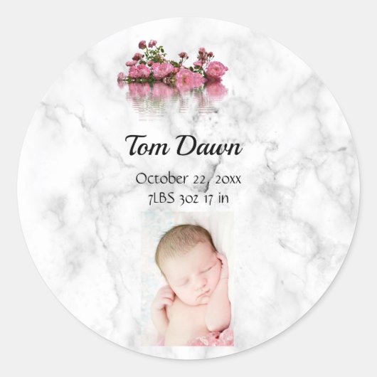 Bloemen Marmer Baby Geboorte Aankondiging Sticker (Voorkant)