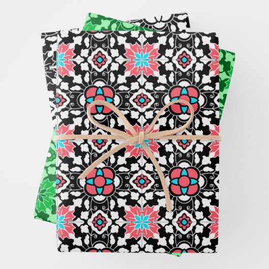 Bloemen Marokkaanse Tegel, koraal roze, groen, zwa Inpakpapier Vel (In situ)