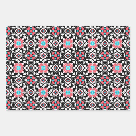 Bloemen Marokkaanse Tegel, koraal roze, groen, zwa Inpakpapier Vel (Voorkant)