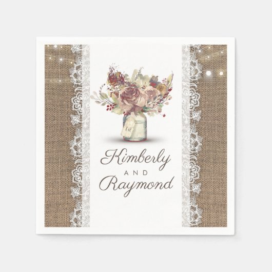 Bloemen Mason Jar en Burlap Lace Rustieke bruiloft Servet (Voorkant)