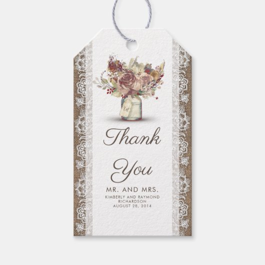  Bloemen Mason Jar en Rustieke Burlap Kant Cadeaulabel (Voorkant)