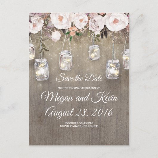 Bloemen Mason Jar Lights Rustic Save the Date Aankondigingskaart (Voorkant)