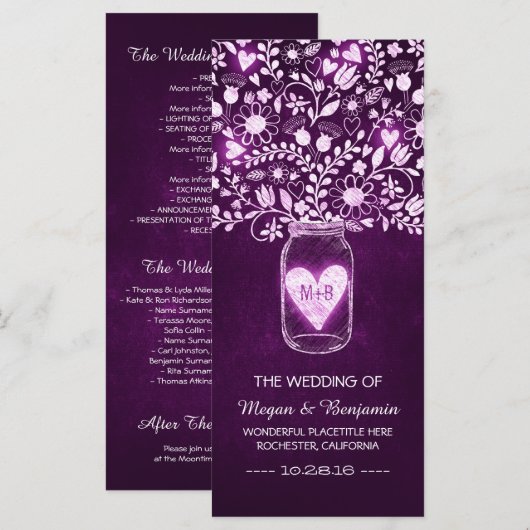 Bloemen Mason Jar paarse Elegante Bruiloft Program Programmakaart (Voorkant / Achterkant)
