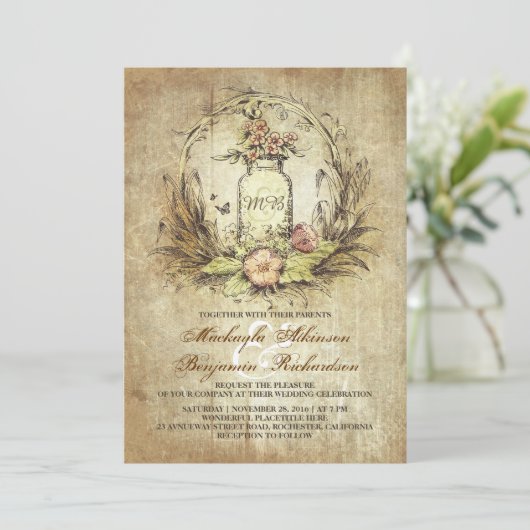 Bloemen Mason Jar rustieke bruiloft Kaart (Staand voorkant)