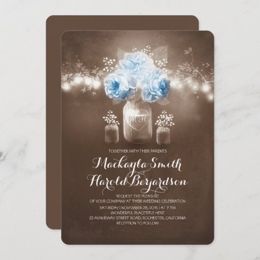 Bloemen Mason Jar Rustieke Snaar Lichten Bruiloft Kaart (Voorkant / Achterkant)