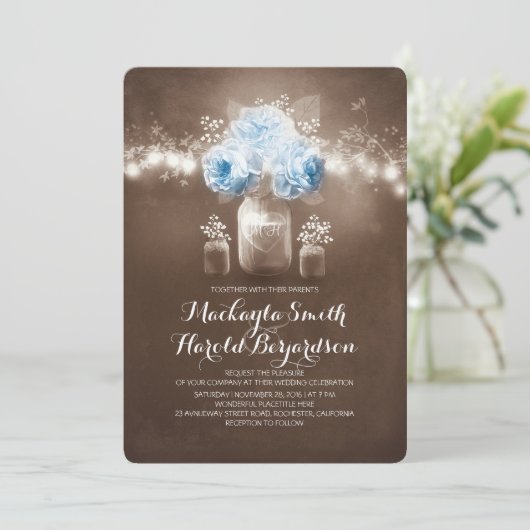 Bloemen Mason Jar Rustieke Snaar Lichten Bruiloft Kaart (Staand voorkant)