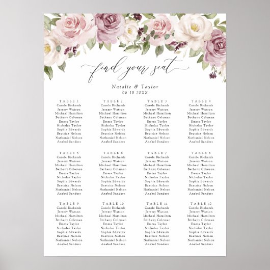 Bloemen Mauve Blush Groen Bruiloft Zitkaarten Poster (Voorkant)
