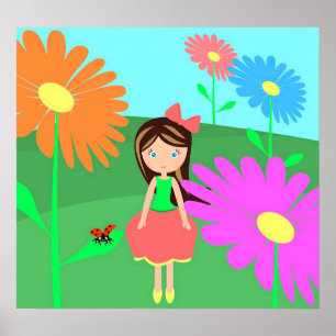 Bloemen, meisje en ladybug poster