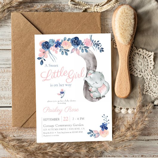 Bloemen Meisje Olifant Navy Blush Baby shower Kaart