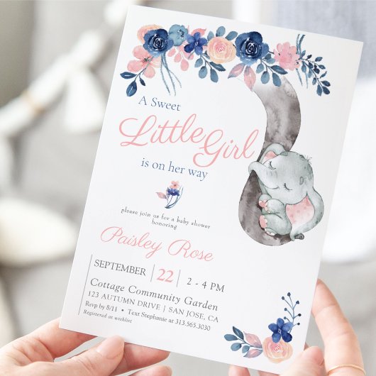 Bloemen Meisje Olifant Navy Blush Baby shower Kaart