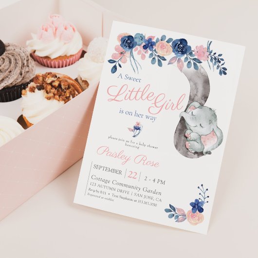 Bloemen Meisje Olifant Navy Blush Baby shower Kaart