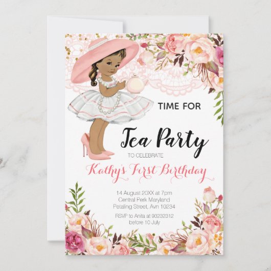 Bloemen Meisje Thee Verjaardagsfeest Afro-Amerikaa Kaart (Voorkant)