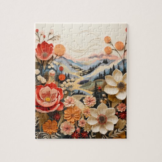 Bloemen met bergen legpuzzel (Verticaal)