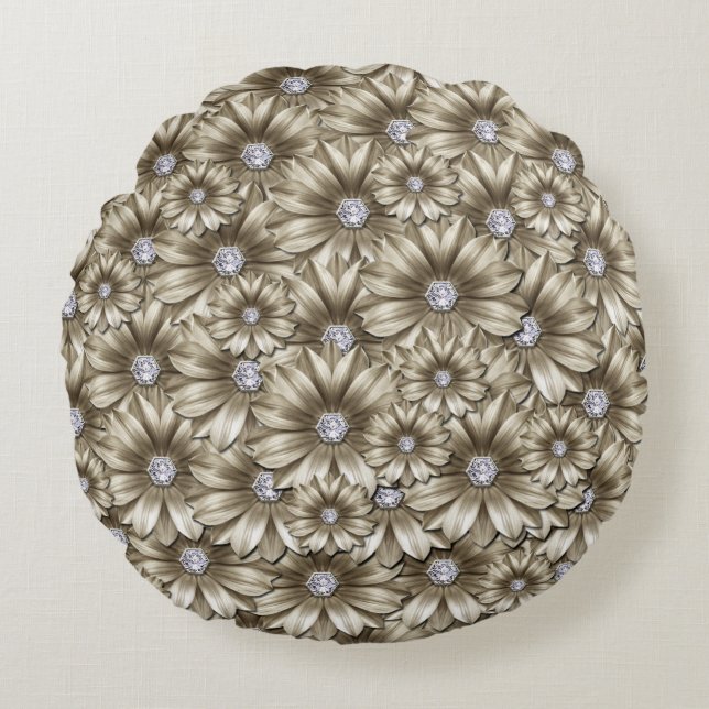 Bloemen met Diamanten Ronde Kussen (Voorkant)