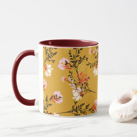 Bloemen met gele achtergrond mok (Met donut)