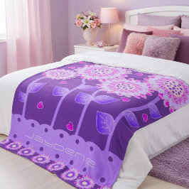 Bloemen met harten in paars en roze fleece deken