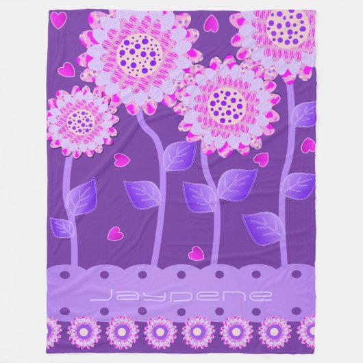 Bloemen Met Harten In Paars & Roze Fleece Deken (Voorkant)