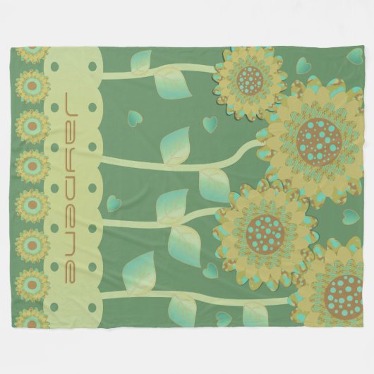 Bloemen met hartjes in groen & karamelbruin fleece deken (Voorkant (Horizontaal))