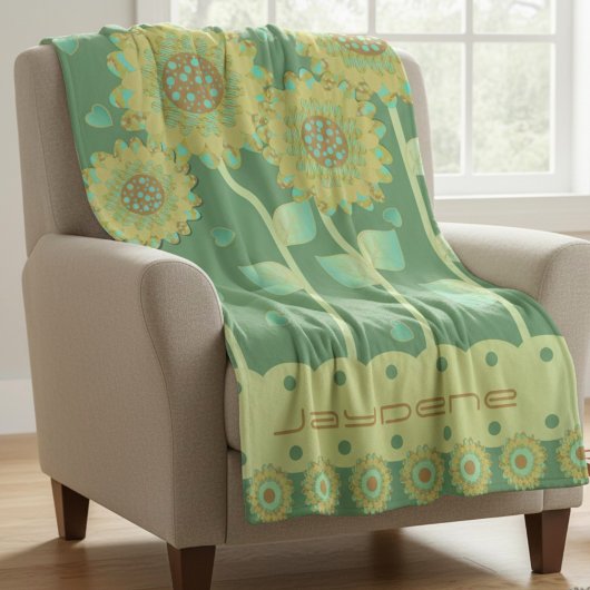 Bloemen met hartjes in groen & karamelbruin fleece deken