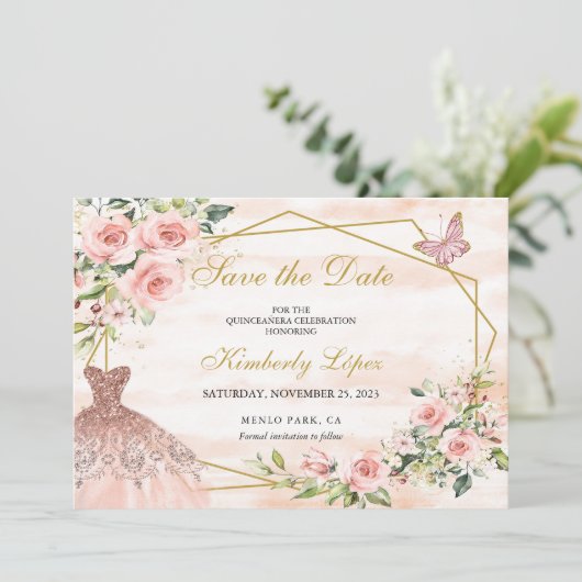 Bloemen met Roze Blos Sla de Datum Op Save The Date (Staand voorkant)