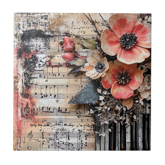Bloemen met rustieke pianotoetsen en verouderde mu tegeltje (Voorkant)