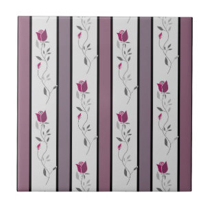 Bloemen met strepenprint in zwart en roze vintage tegeltje