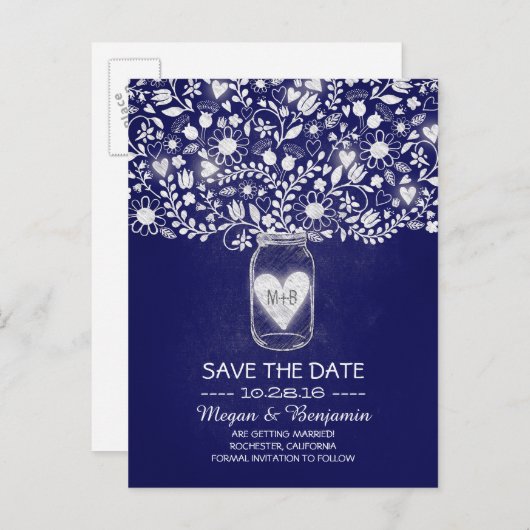Bloemen metselaar koningsblauw save de datum aankondigingskaart (Voorkant / Achterkant)