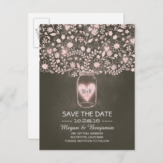 Bloemen metselaar roze rustiek save de datum aankondigingskaart (Voorkant / Achterkant)